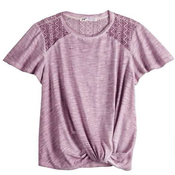 Jolt Junior's Crochet Shoulder Twist-Front Tee Shirt Top Size Large - Picture 3 of 14